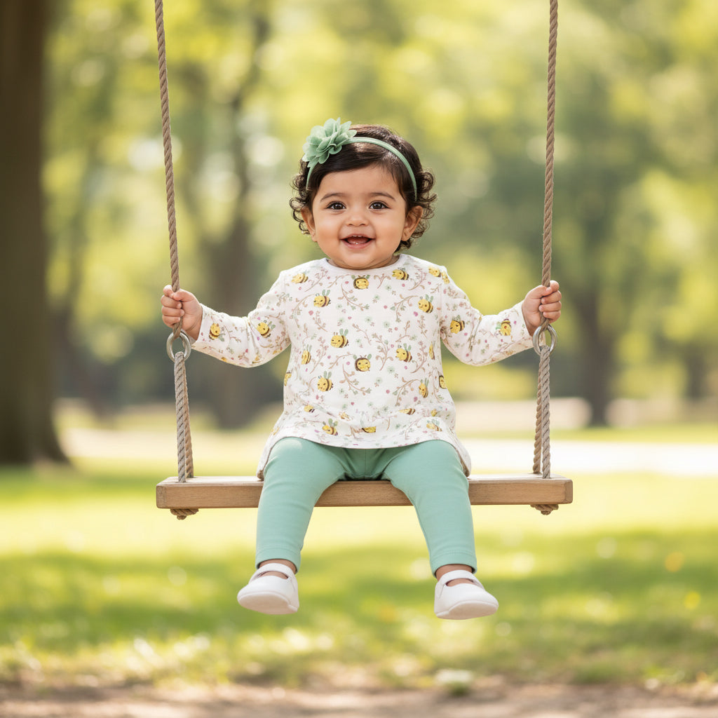A smiling baby girl wearing a white long-sleeve tunic with a yellow bee print, mint green leggings, and a green flower headband, standing against a warm beige background with a wooden toy triceratops and eucalyptus branch.