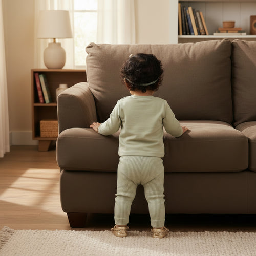 A baby viewed from behind wearing a sage green ribbed knit two-piece outfit, consisting of a long-sleeve top and matching pants, styled with a light green headband and metallic gold shoes against a warm cream background.