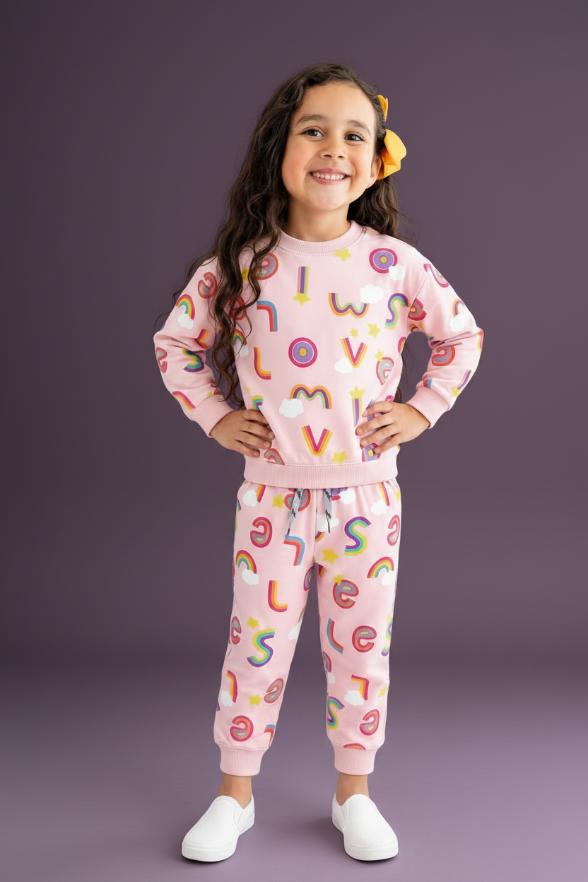 A young girl with long wavy brown hair and a yellow hair clip is modeling a pink two-piece pajama set with a colorful 'love' letter and rainbow pattern, paired with white slip-on shoes, against a plain white background.
