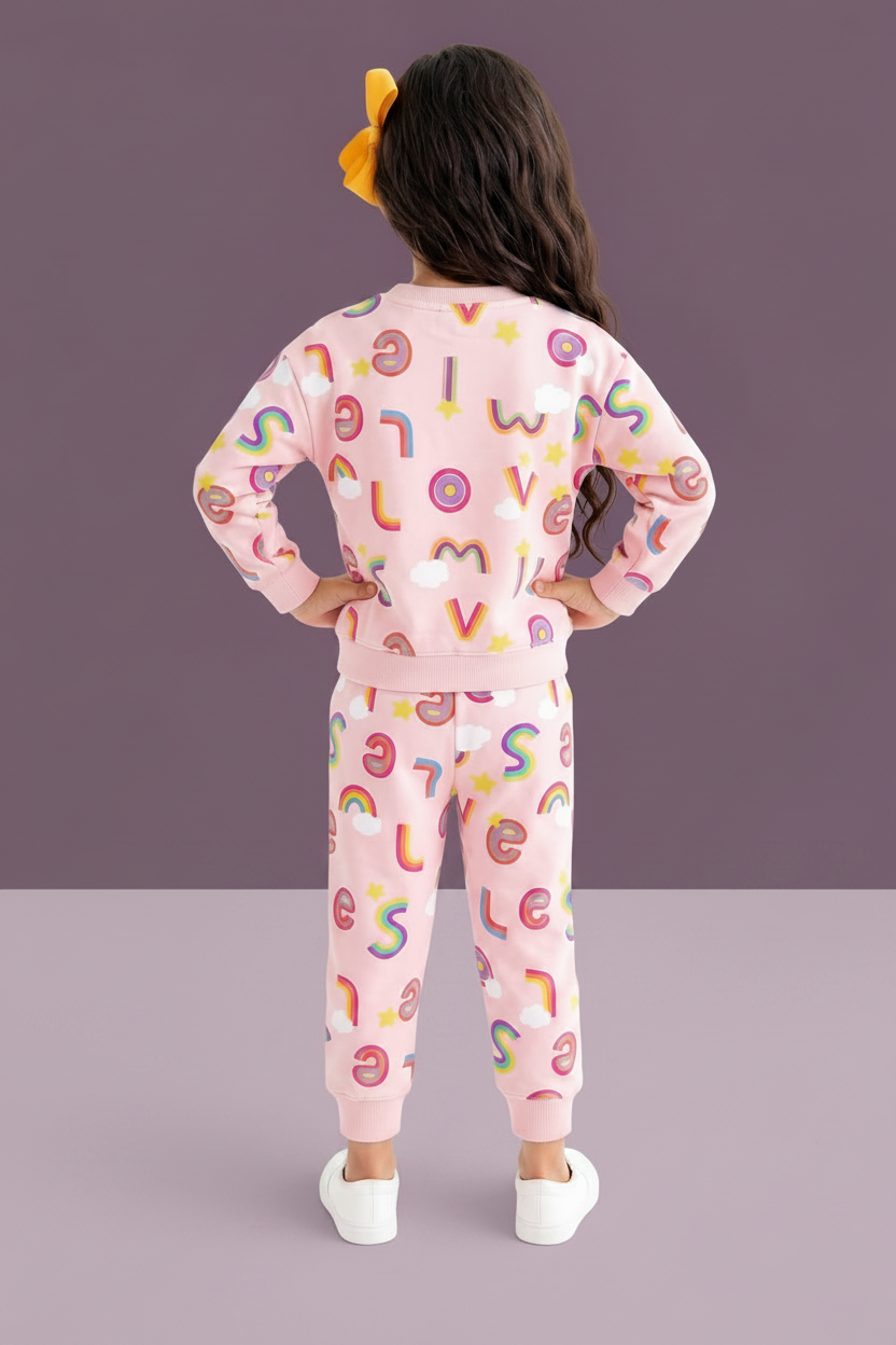 A child model shown from the back wearing a light pink two-piece pajama set with a colorful rainbow and letter print, paired with white sneakers and a yellow hair bow, against a plain white background.